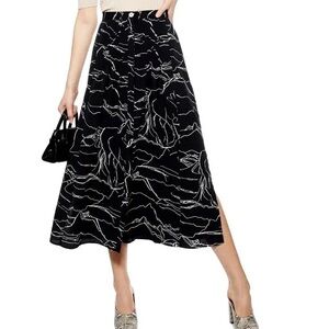 Topshop Black Midi Skirt with White Line Art Print